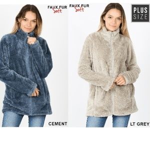 NEW Teddy GREY SHERPA FAUX FUR JACKET W/ POCKETS